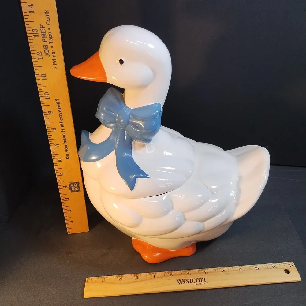 Vintage Mother Goose Cookie Jar White Ceramic Blue Bow Orange Beak LG Farmhouse
